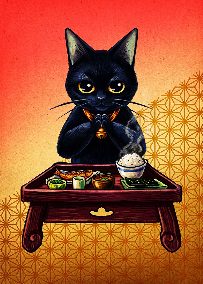 Black Cat Saying Grace Before Meal