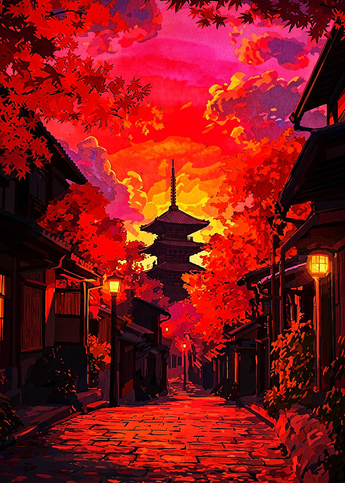 Vibrant Red Japanese Temple Street
