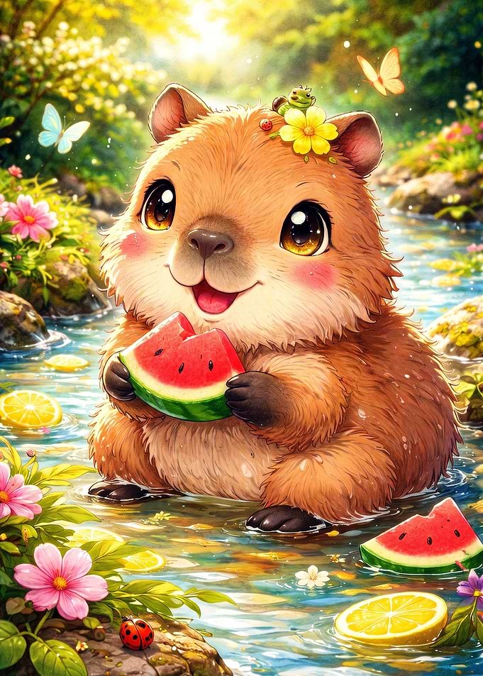 Cute Capybara Eating Watermelon in Stream