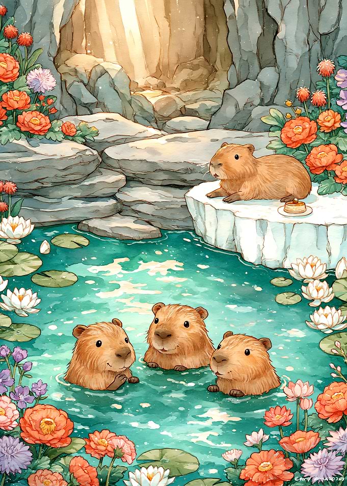 Capybaras Relaxing in a Floral Hot Spring