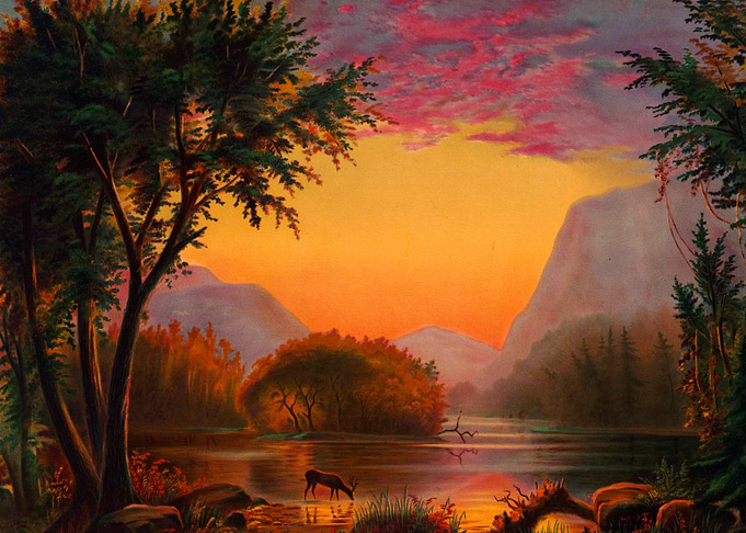 Sunset on Ausable Lake in the Adirondack Mountains Vintage Lithograph