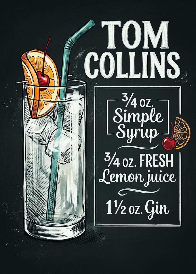 Tom Collins Cocktail Recipe Chalkboard Art