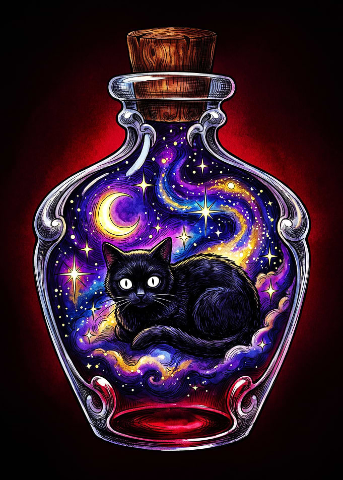 Black Cat in Galaxy Potion Bottle