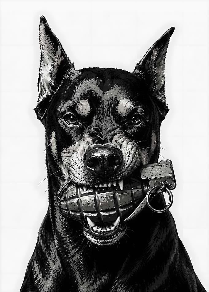 Doberman Holding a Grenade