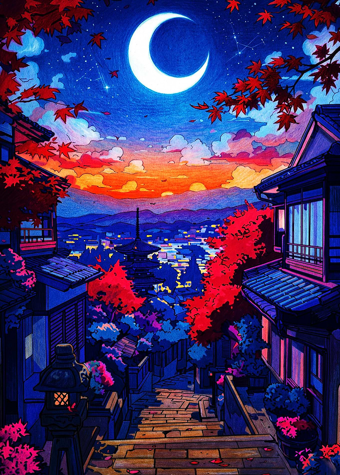 Vibrant Japanese Street Under Crescent Moon