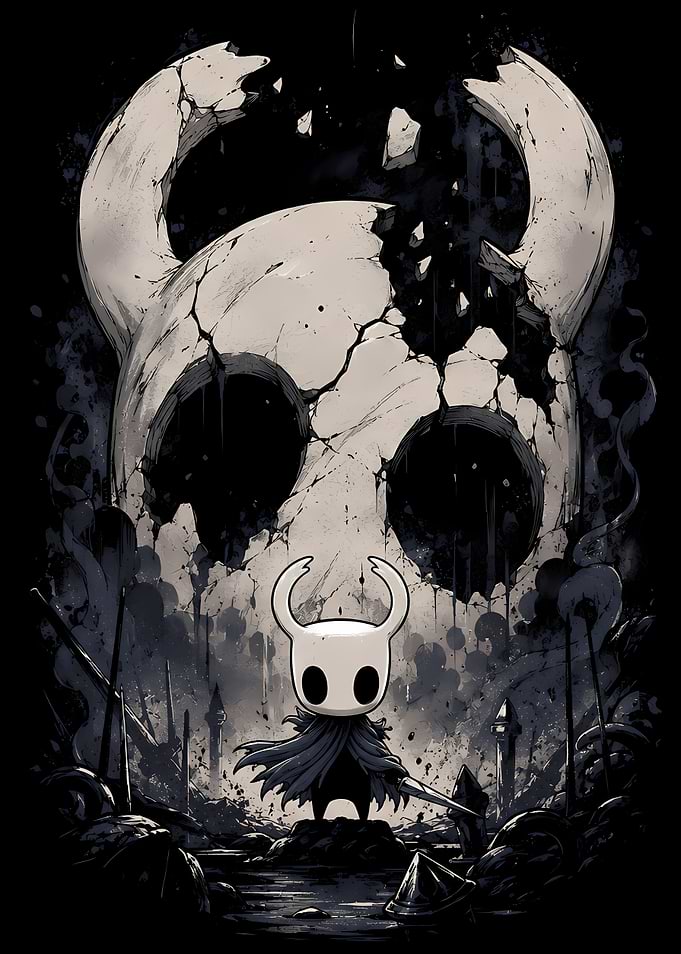 Hollow Knight Standing Before Giant Skull