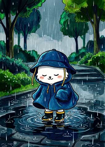 Cute Cat in Raincoat Puddle Jumping