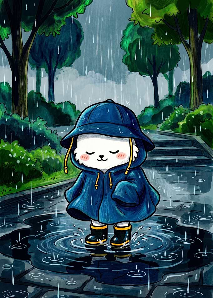 Cute Cat in Raincoat Puddle Jumping