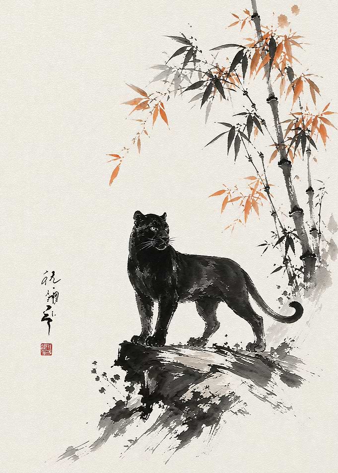 Black Panther in Traditional Ink Wash