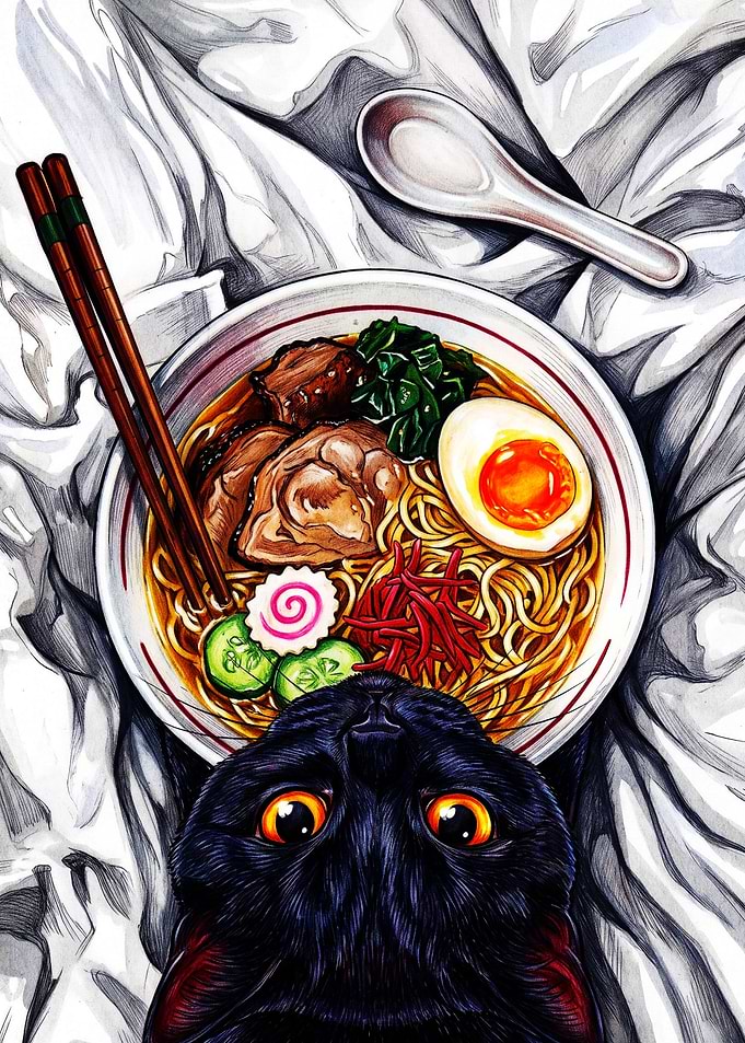 Black Cat Staring at Ramen Bowl
