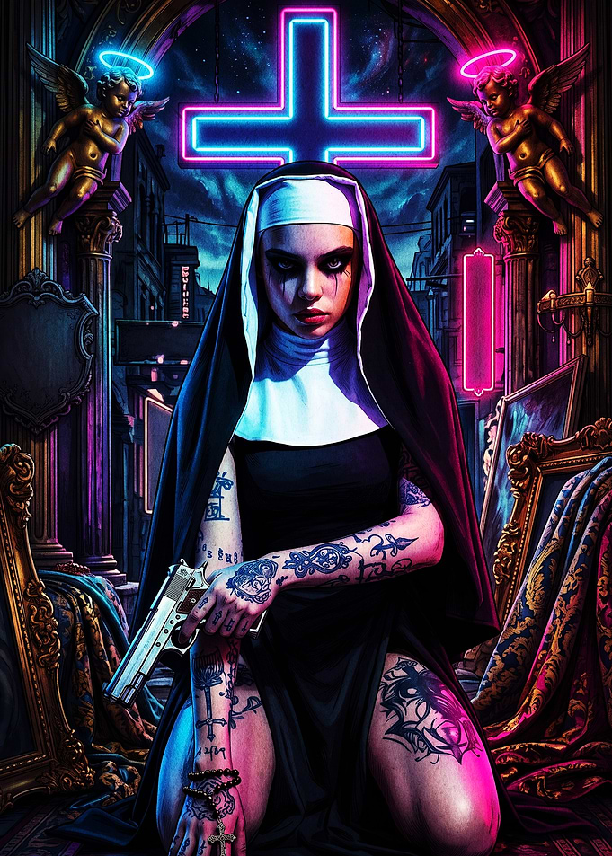 Tattooed Nun with Gun Neon Aesthetic