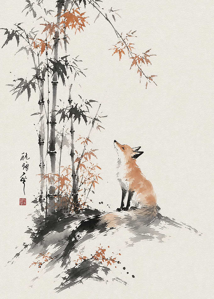 Fox Sitting Under Bamboo Ink Painting