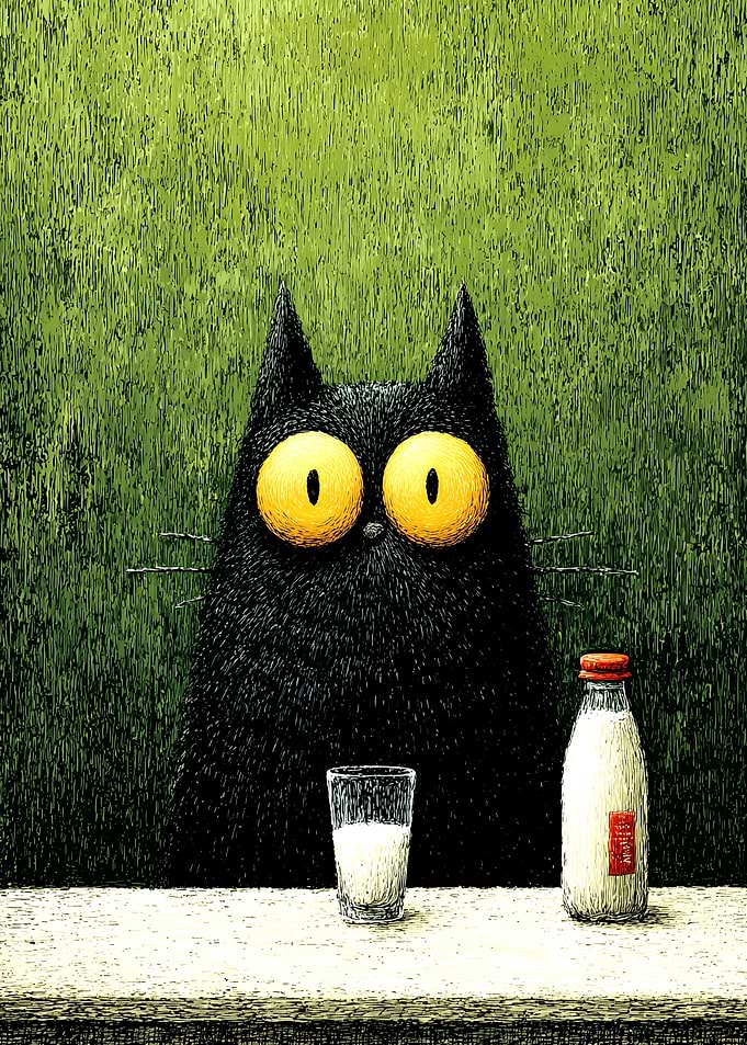Wide-Eyed Black Cat with Milk