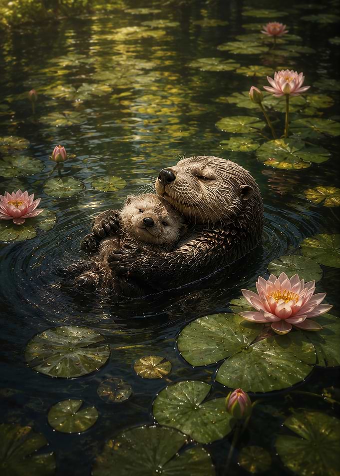 Mother Otter and Pup in Pond