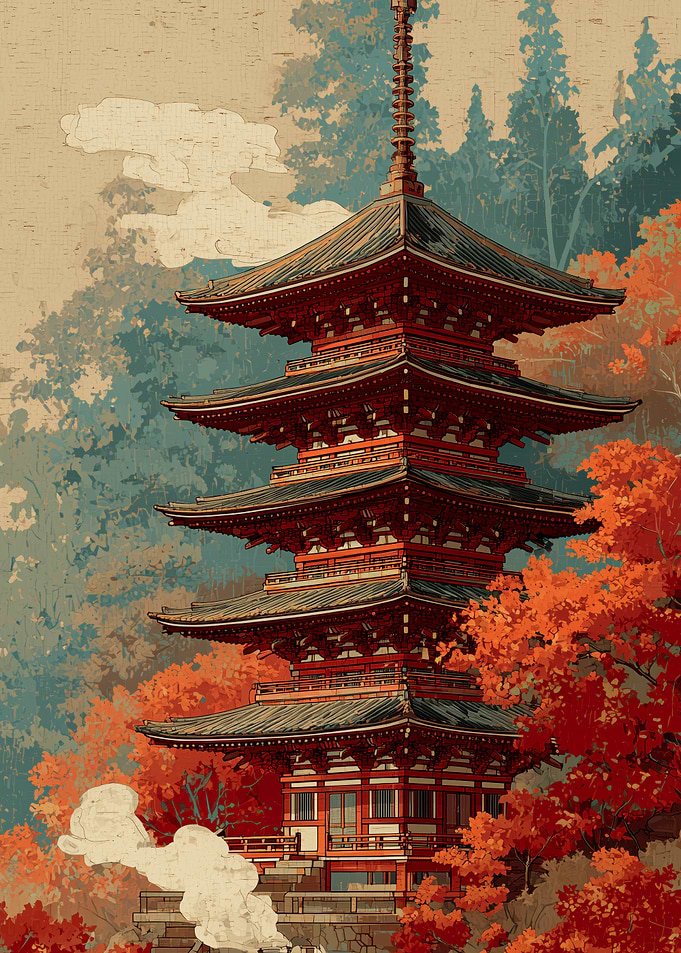Traditional Japanese Pagoda in Autumn