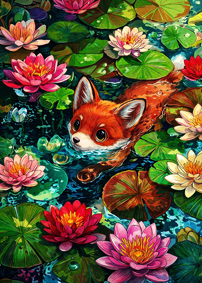 Cute Fox Swimming Among Water Lilies
