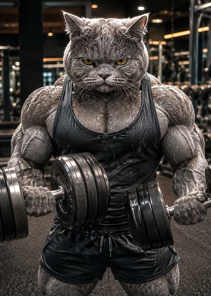 Muscular Cat Bodybuilder Lifting Dumbbells