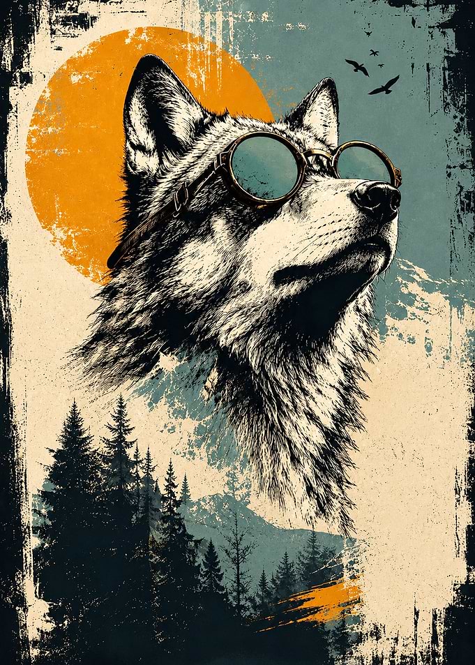 Steampunk Wolf with Forest Background