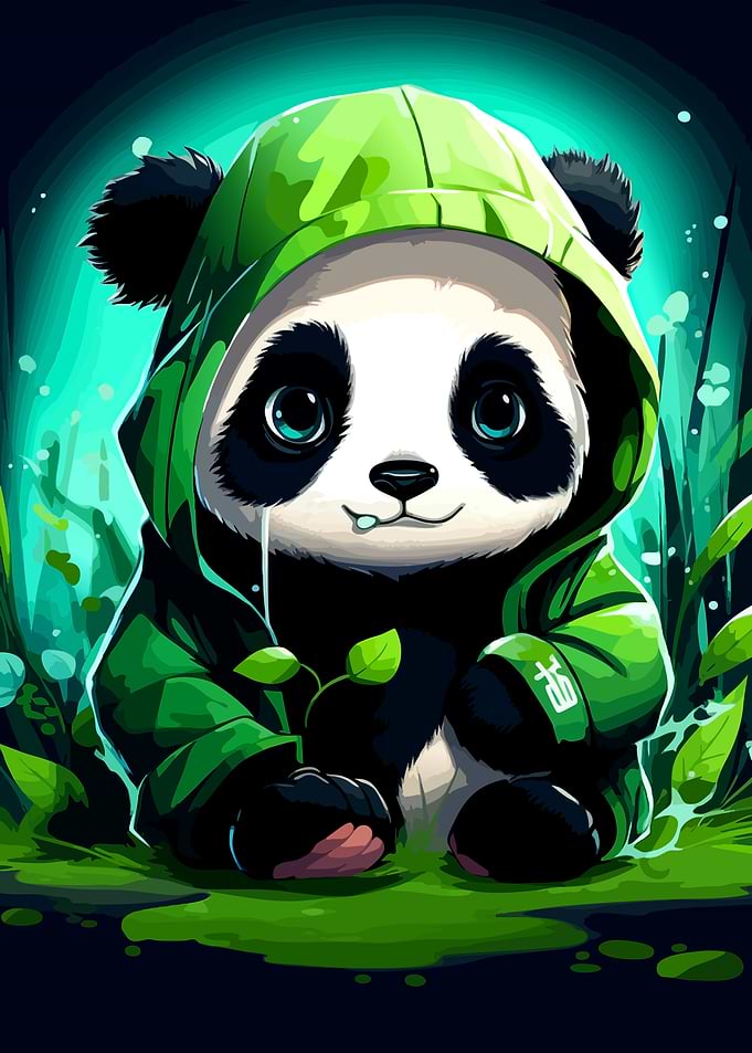 Cute Panda in Green Hoodie