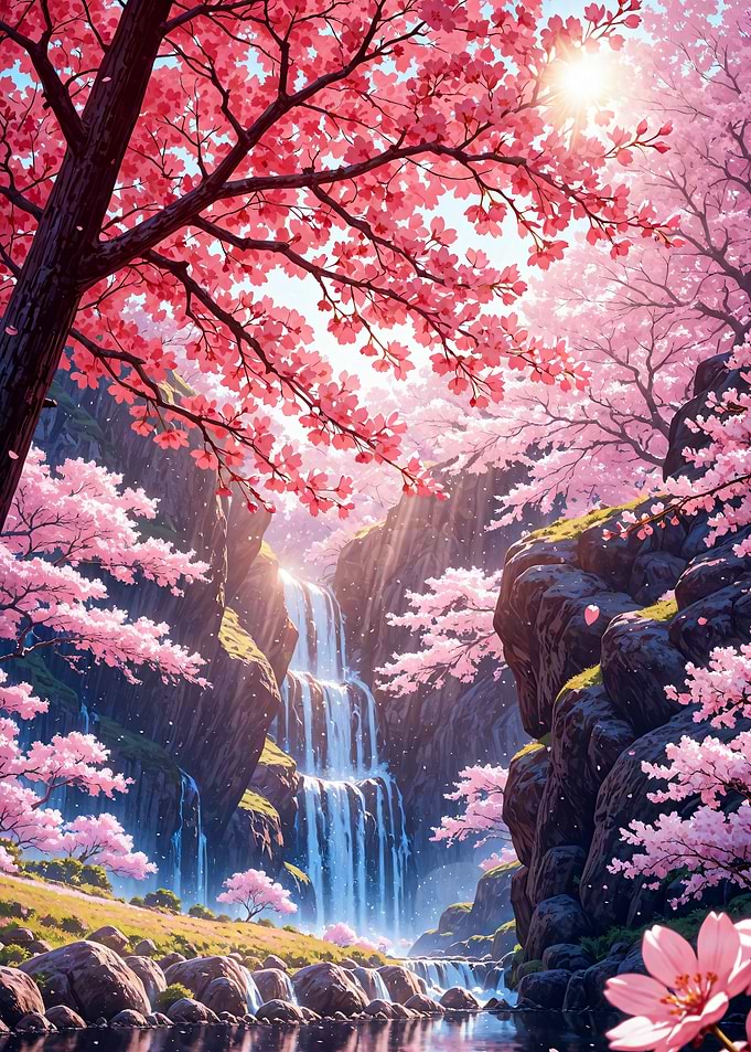 Sakura Cherry Blossom Waterfall Landscape