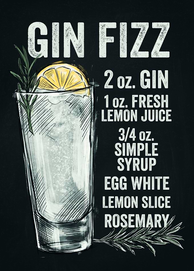 Gin Fizz Cocktail Recipe Chalkboard Art