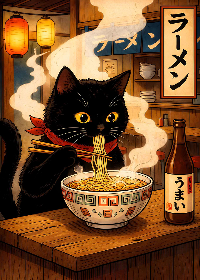 Black Cat Eating Ramen in Shop