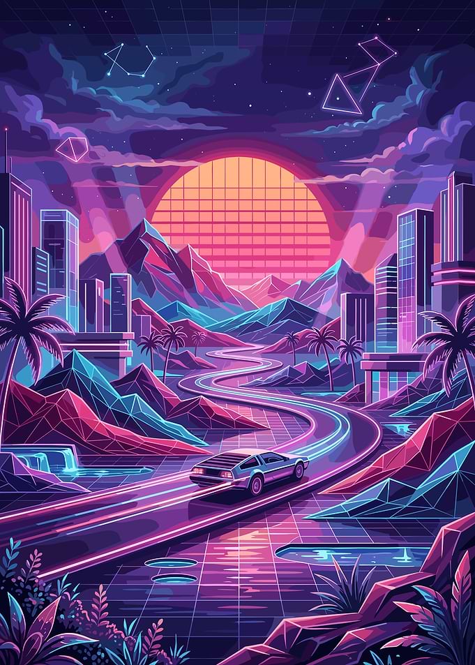Synthwave Retro Future Car Landscape