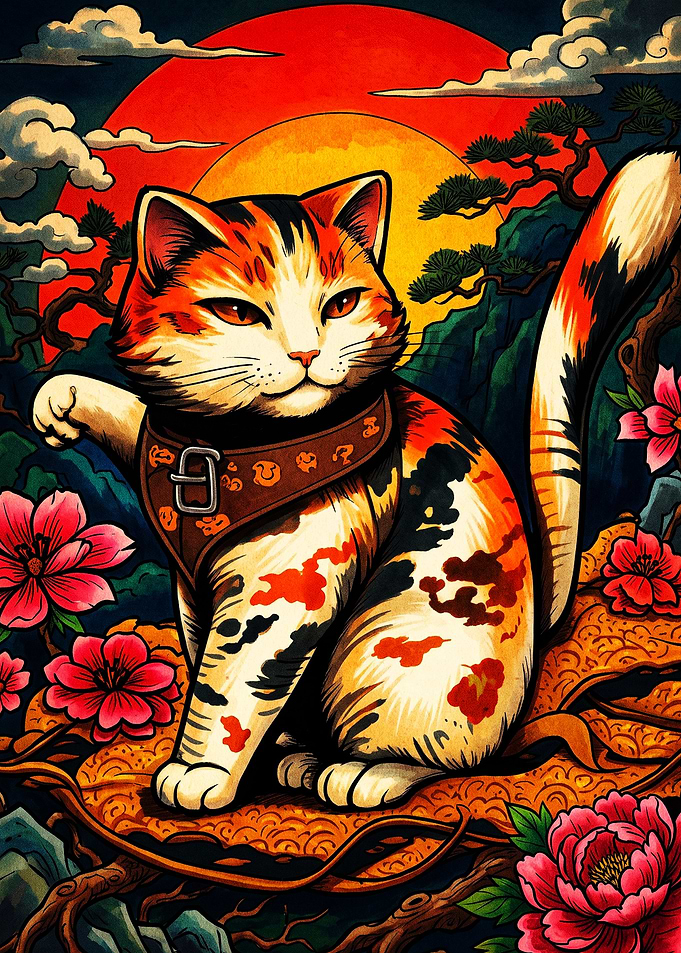 Calico Cat in Japanese Art Style