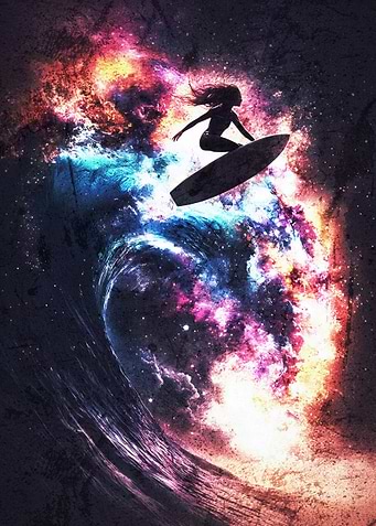 Surfer Riding a Cosmic Wave