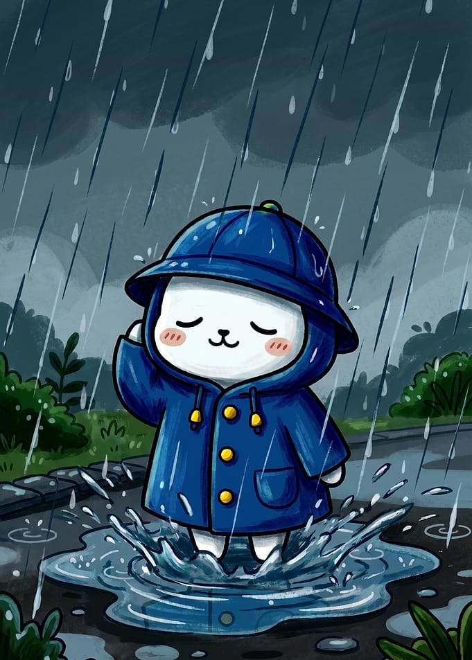 Cute Cat Jumping in Rain Puddle