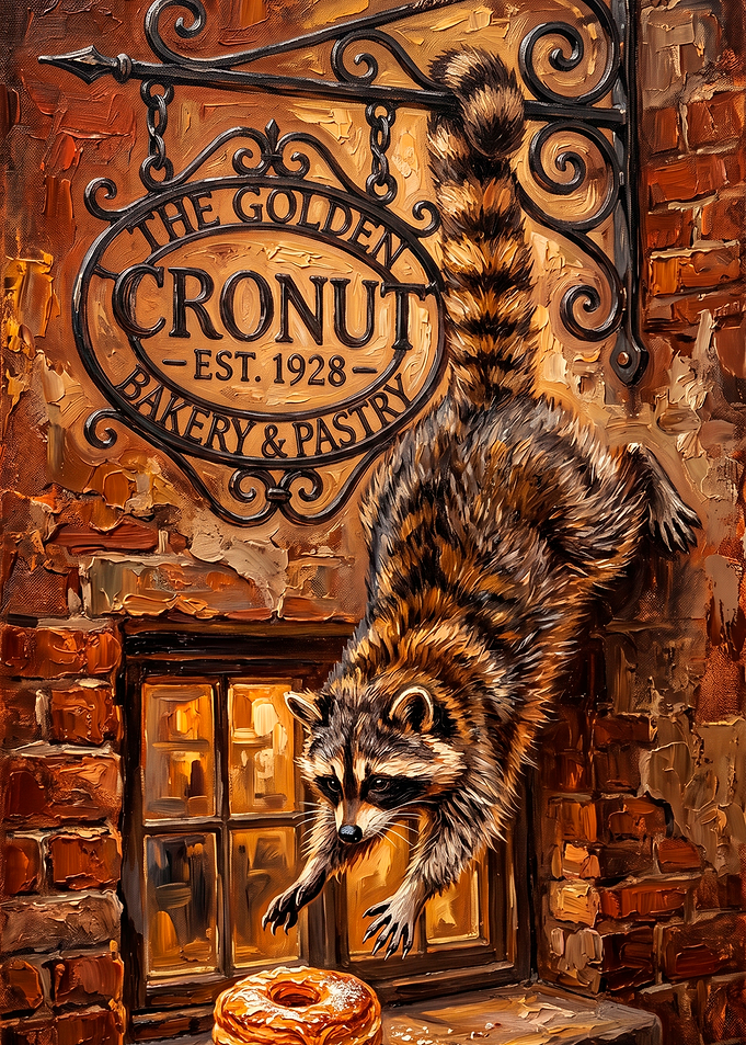 Raccoon Stealing a Cronut Pastry