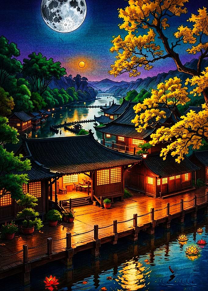 Moonlit Traditional Japanese Riverside Village