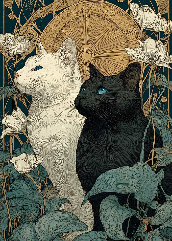 Art Nouveau Black and White Cats