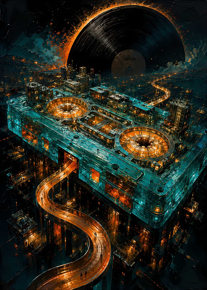 Futuristic Cityscape Shaped Like Cassette Tape