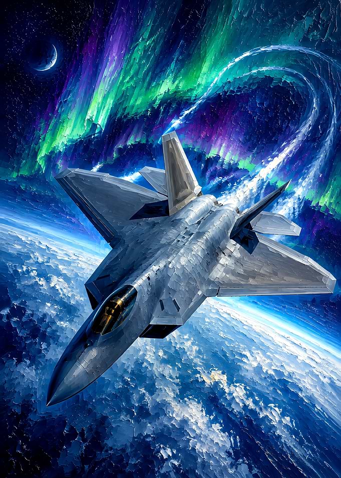 F-22 Raptor Above Earth and Aurora
