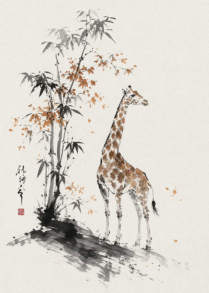 Giraffe in Traditional Ink Wash Style