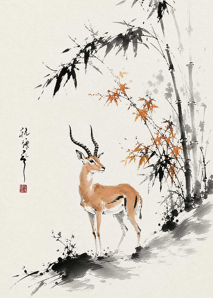Gazelle in Traditional Ink Wash Style