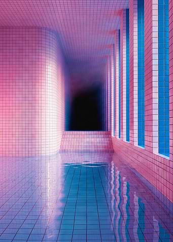 Surreal Pink Tiled Pool Liminal Space