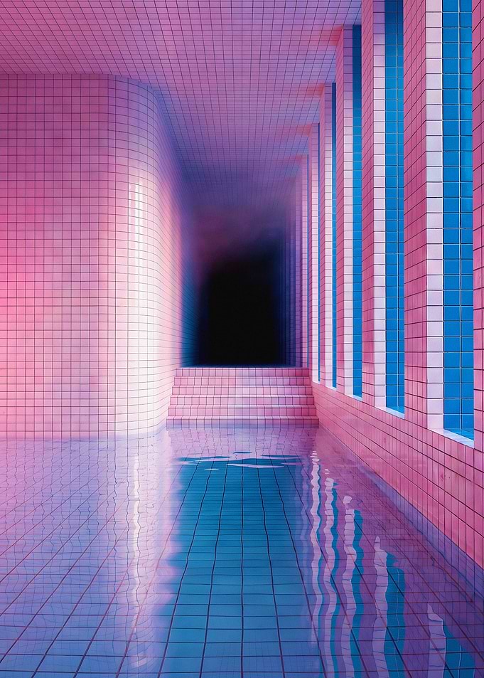 Surreal Pink Tiled Pool Liminal Space