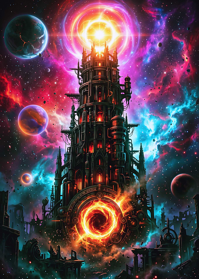 Cosmic Tower with Fiery Portal