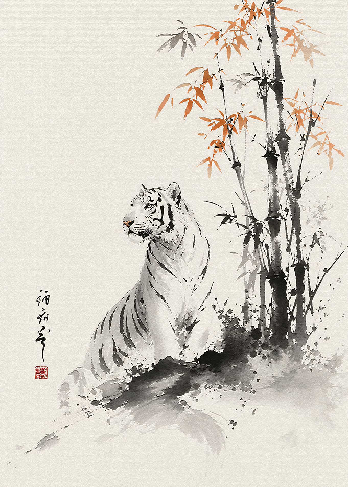 Sumi-e Style White Tiger and Bamboo