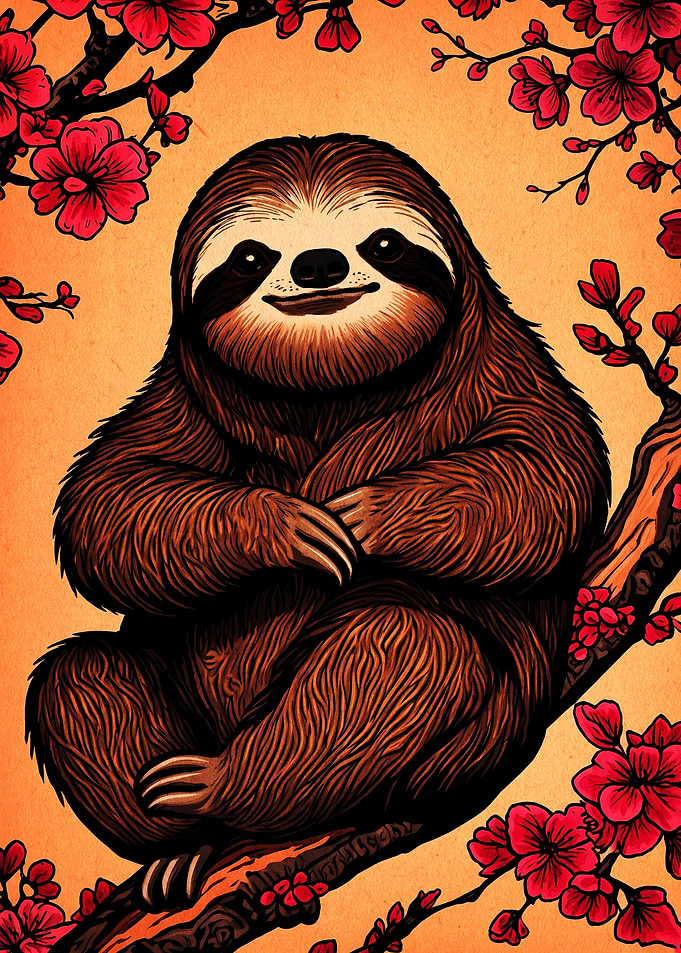 Sloth Resting in Cherry Blossoms