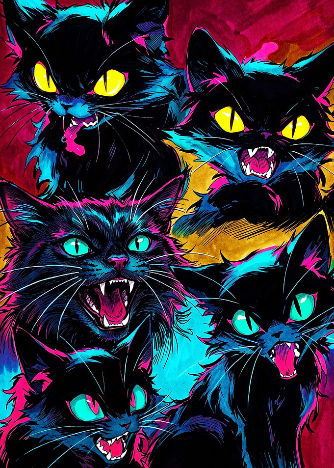 Neon Black Cat Expressions Collage