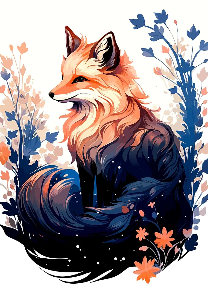 Artistic Fox Illustration with Floral Accents