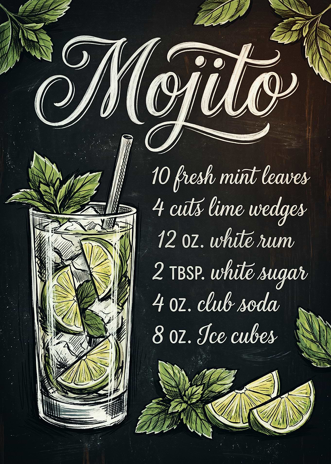 Mojito Cocktail Recipe Chalkboard Art