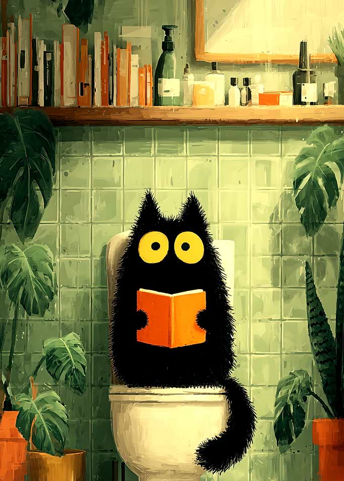 Black Cat Reading on Toilet