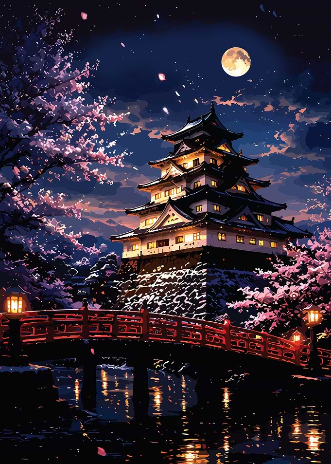 Japanese Castle Under Full Moon