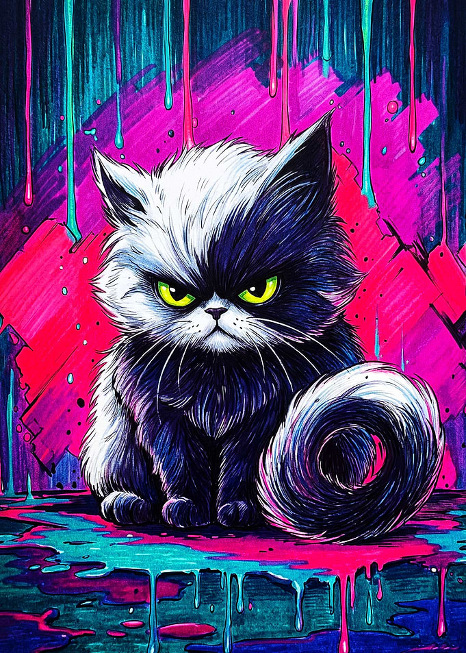 Grumpy Neon Splatter Art Cat