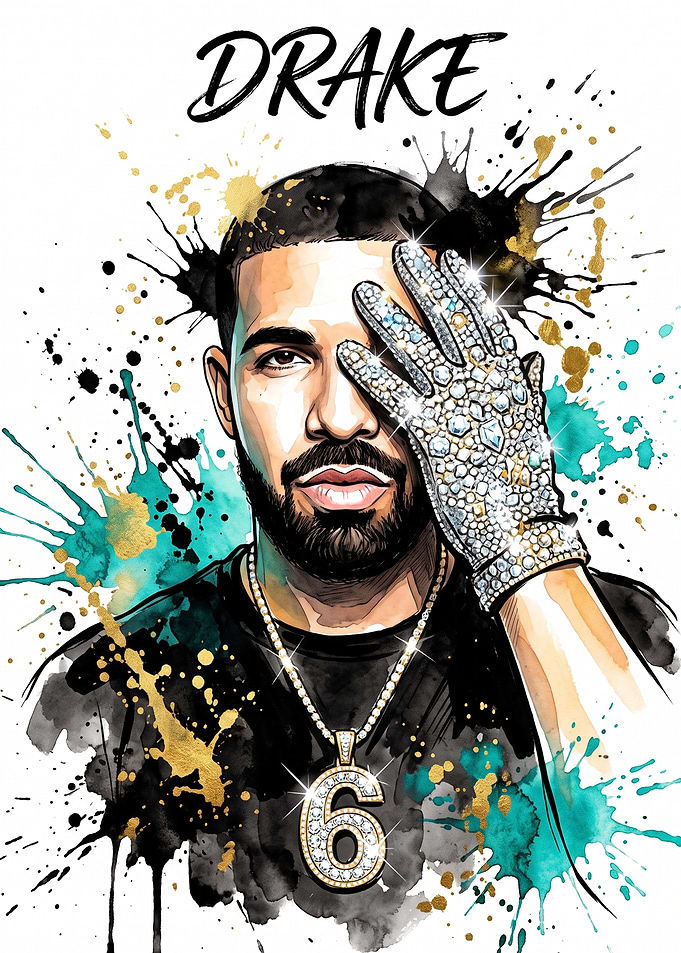 Drake Watercolor Portrait with Diamond Glove