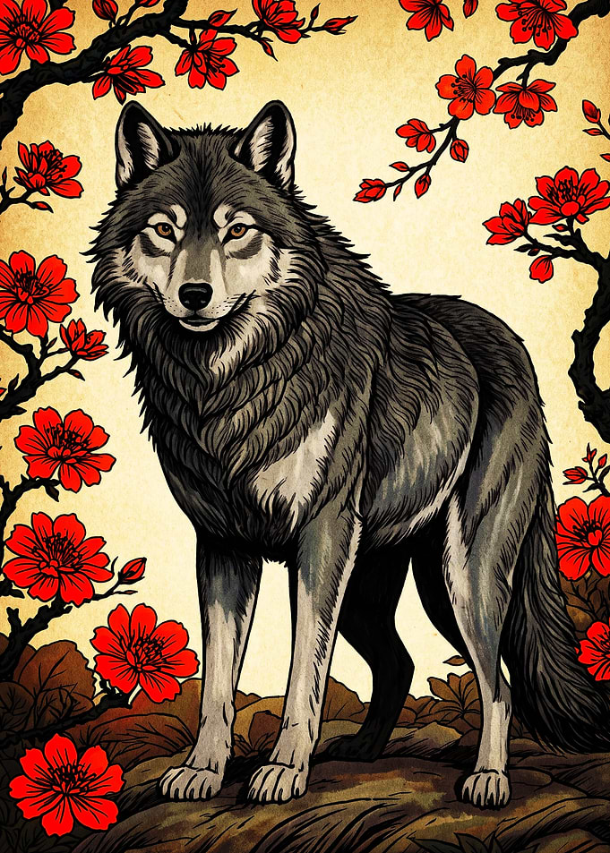 Wolf Standing Among Red Cherry Blossoms